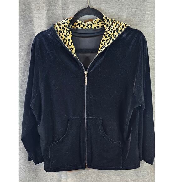 Vtg 90s Carushka Black Velvet Leopard Womens Sz M Zippered Hooded Pockets USA - Picture 1 of 8